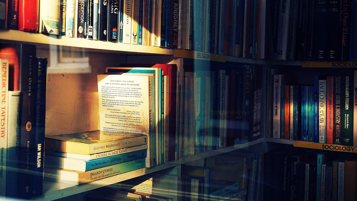 &Eacute;tag&egrave;res de livres baign&eacute;es de lumi&egrave;re dans une biblioth&egrave;que